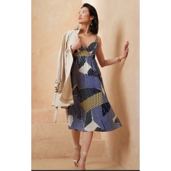 Banana Republic Dresses & Skirts - BANANA REPUBLIC NWT Empire Waist Blue Pattern Midi Dress // 6 Petite